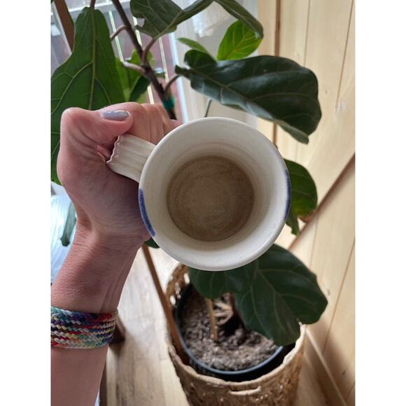 Signed pottery coffee mug blue and white EUC - Picture 2 of 7